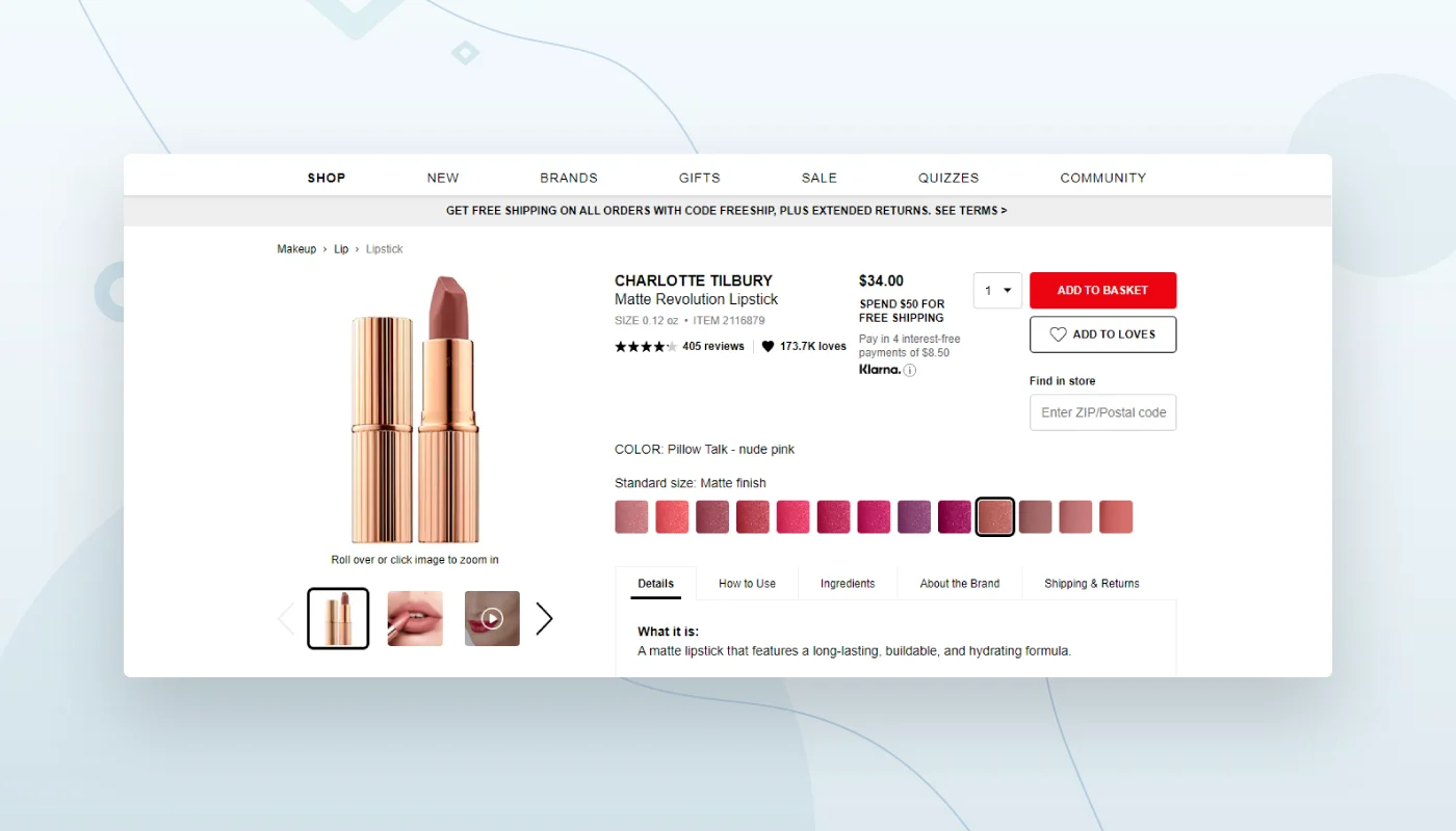 e-commerce web design example of filters