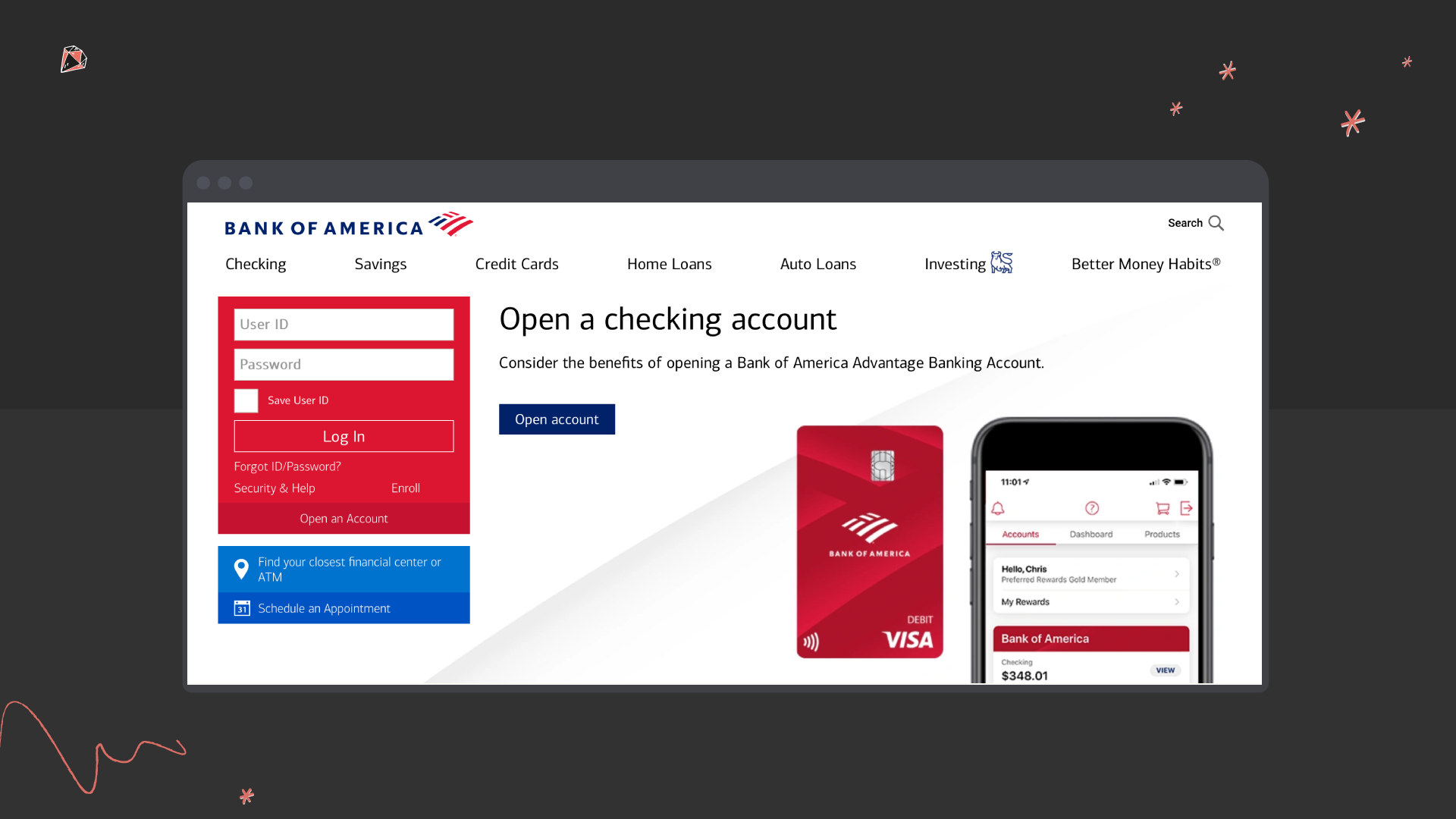 website design of Bank of America